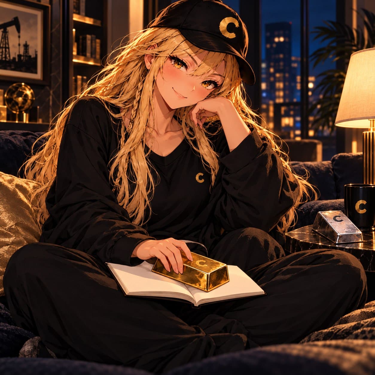 The mascot with a gold bar resting on an open ledger