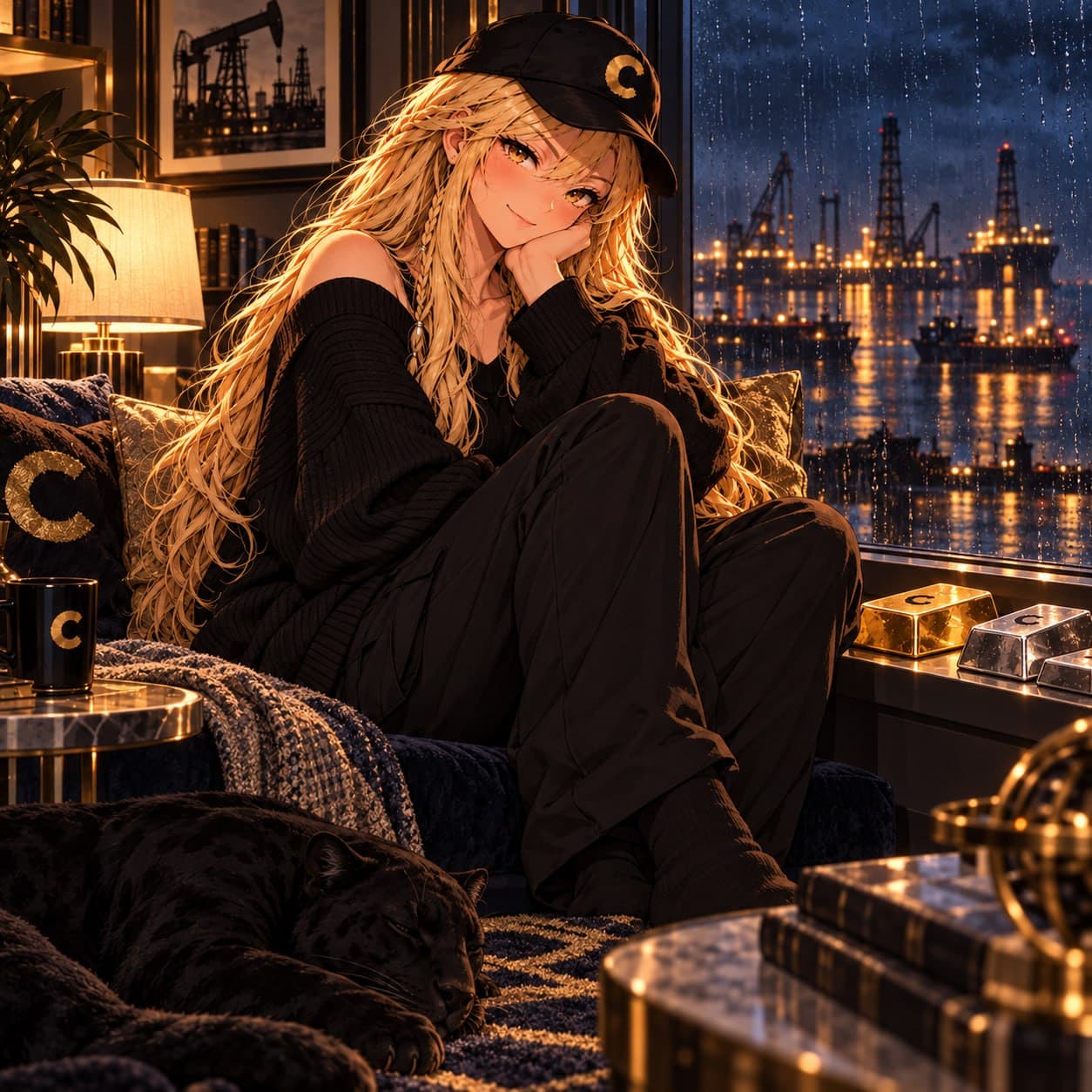 The Commodities Titties mascot on a couch at night, gold and silver bars on the sill and a lit rig field outside the window
